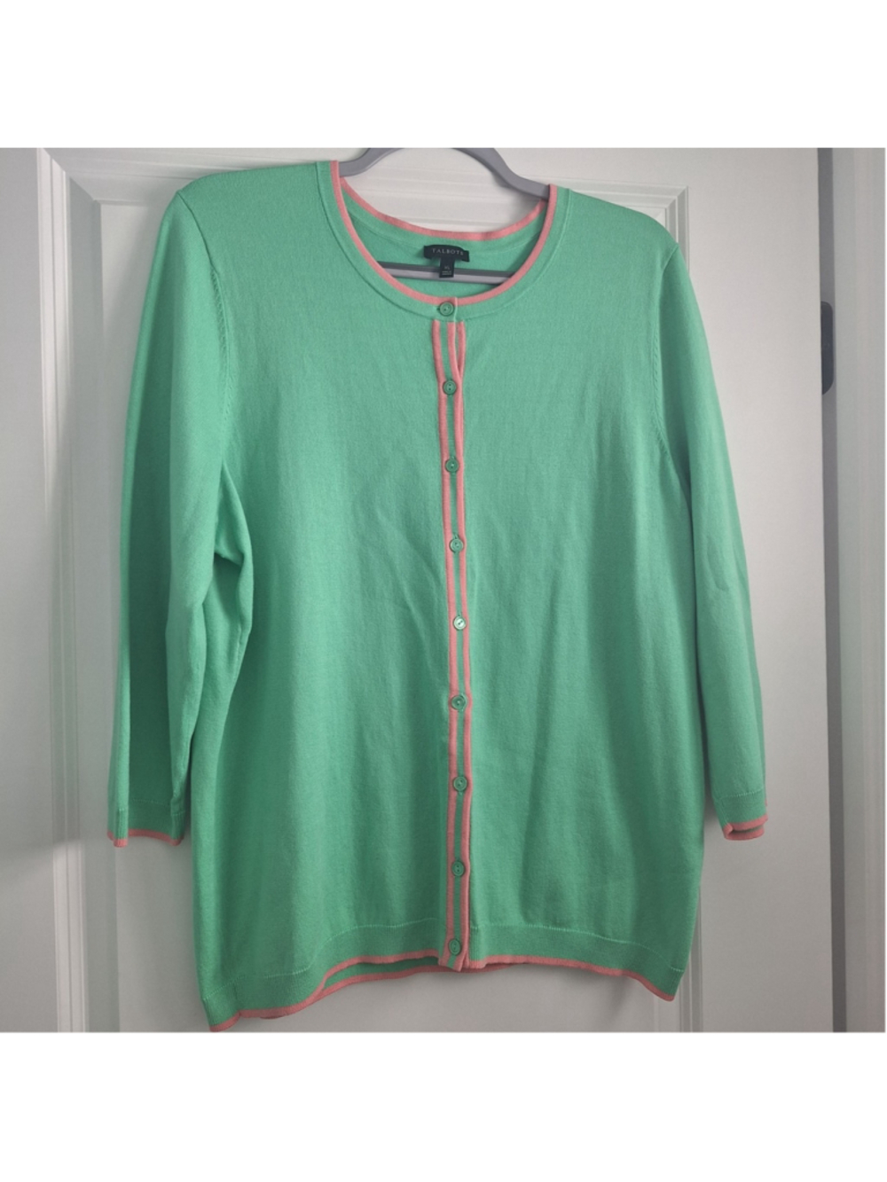 Talbots Womens Size XL Green Pink Trim Button Front Cardigan Sweater Preppy